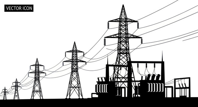 Electric power transmission towers and substation silhouette against white background