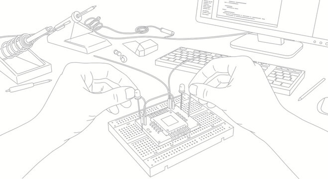 Hands assembling electronic circuit board with computer, soldering iron, breadboard