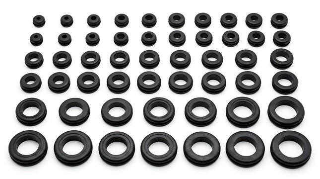 Assorted black rubber o ring seals displayed in organized size variations on clean transparent background