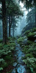 Fototapeta premium A serene forest scene with trees, mossy rocks, and ferns lining a winding stone path on a gloomy day