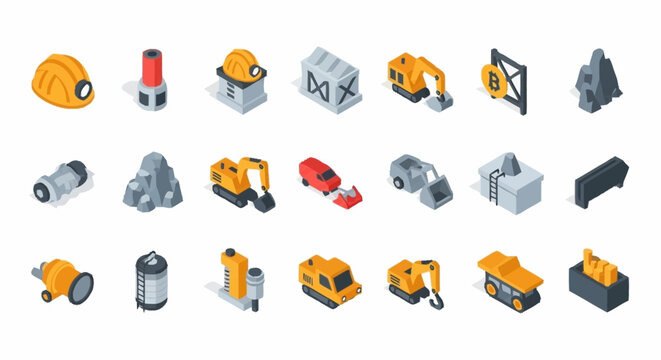 Set of isometric mining industry icons and elements including excavators, helmets, and rocks.