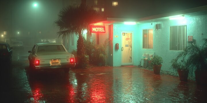 A car stops in front of a lit motel on a rainy night outdoors.