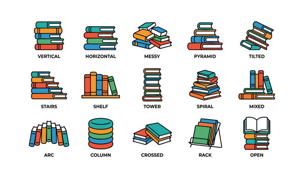 Various arrangements of colorful books in different stacks and alignments
