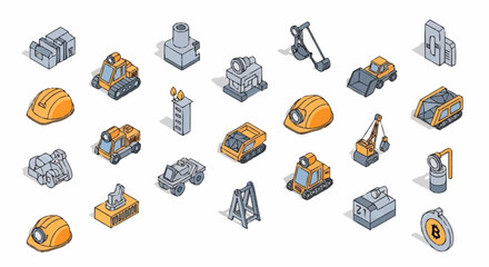 Collection of isometric construction and mining equipment icons, including excavators, trucks, and safety helmets. © Sapi