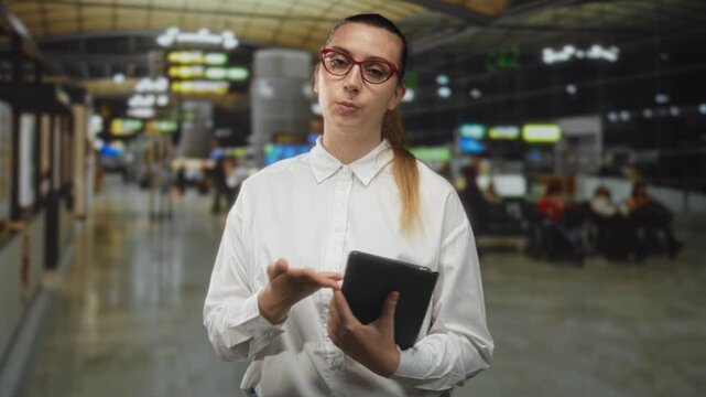 Woman in white shirt wearing red glasses gestures with hand while holding a tablet and speaking in a busy airport terminal; professional concentration guidance.