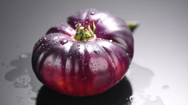 Black tomato, fresh ripe natural bio tomatoes with water drops close-up, rotating. Tasty organic whole Mar Azul tomato over dark gray background. Macro shot. Garden, Gardening concept. 
