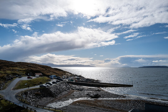 View of Elgol harbour looking towards the islands of Canna, Rum and Soay. Isle of Skye, Scotland