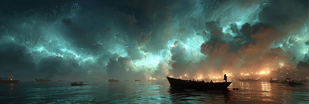 A large ship sails through a stormy sea under a dark and ominous sky with lightning.