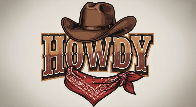 A stylized graphic design featuring a brown cowboy hat and a patterned bandana over text howdy. illustration