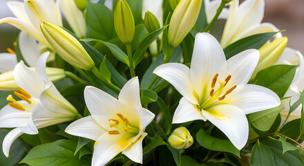 Fototapeta premium A close up view of a beautiful bouquet of fresh white lilies with vibrant yellow centers blooming illustration
