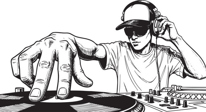 A detailed black and white line art illustration of a cool DJ wearing a cap and sunglasses, scratching a vinyl record on a turntable with a mixer.
