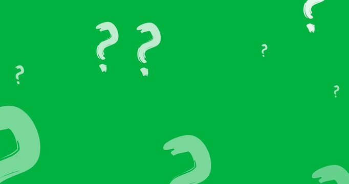 Digital animation of multiple white question mark icons floating against black background