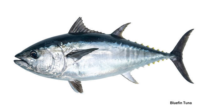 Atlantic bluefin tuna swimming in ocean water studio shot on white background.