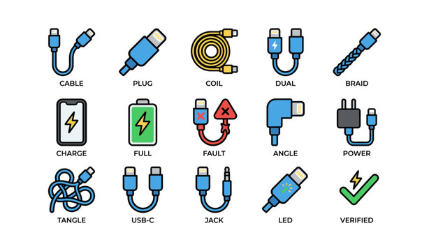 Various charging cables and connectors with symbols of functionality and compatibility