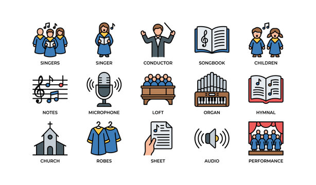 Icons of choir activities: singers, conductor, songbook, performance elements
