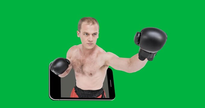 Caucasian male boxer wearing boxing gloves over smartphone icon against black background
