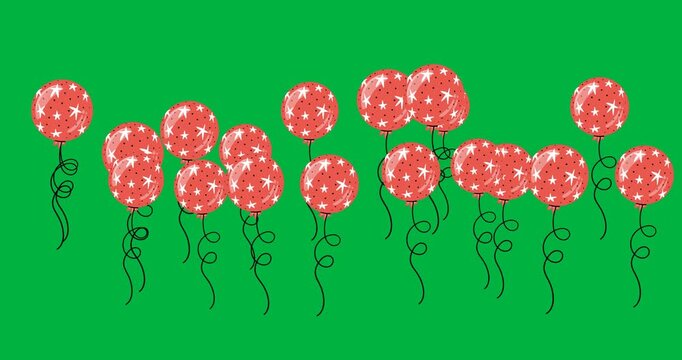 Digital animation of multiple red balloons floating against black background