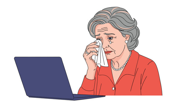Elderly woman in a red sweater and pearls cries sadly while looking at her laptop screen with a tissue in her hand.
