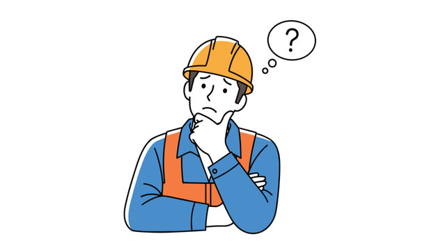 Construction worker wearing a hard hat and safety vest looks confused with a question mark in a thought bubble over his head.