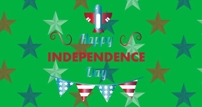 Independence day text banner and eagle icon against multiple stars on black background