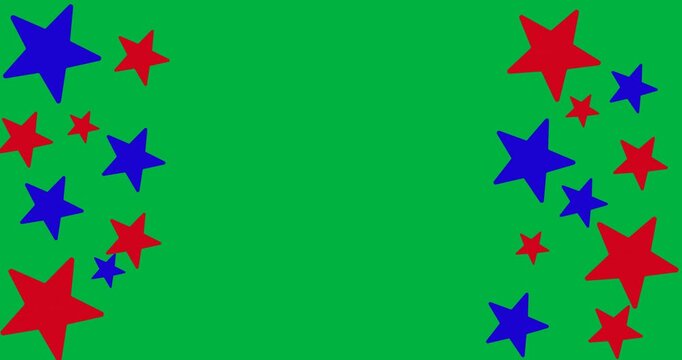 Digital animation of multiple red and blue stars with copy space against black background