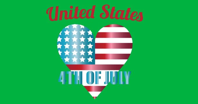 Independence day text over american flag design on heart icon against black background