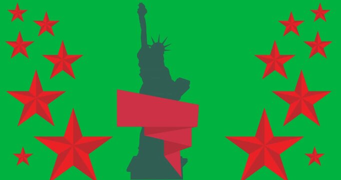 Multiple stars and red banner with copy space against silhouette of statue of liberty