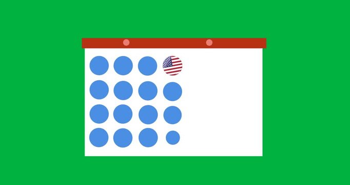 Digital animation of american flag icon over 4th of july date on calendar against black background
