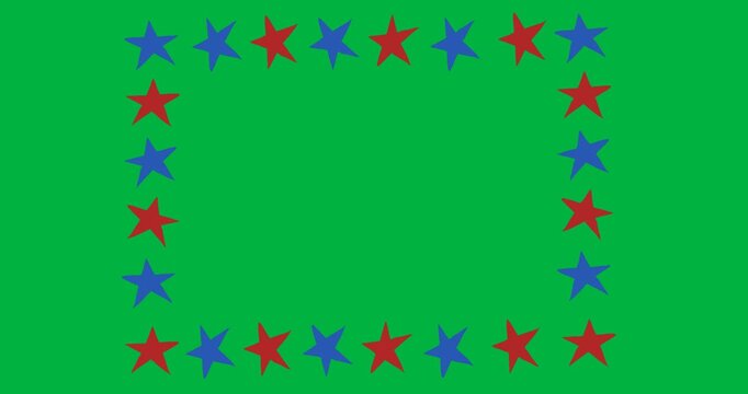 Digital animation of red and blue stars forming a frame design against black background
