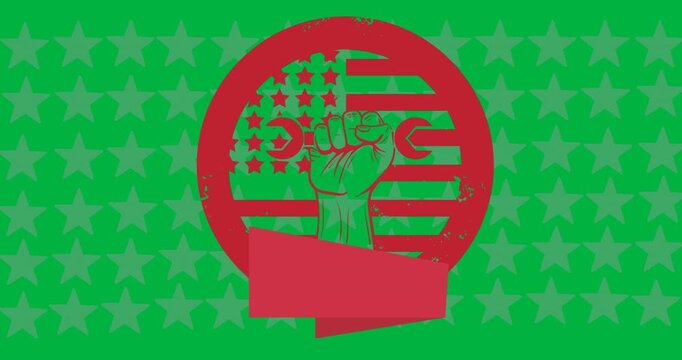 Hand holding a tool icon and red banner with copy space against grey stars on black background