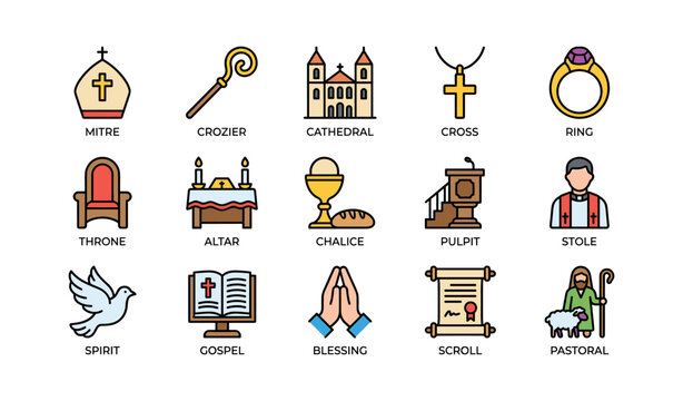 Religious symbols and items: mitre, crozier, cathedral, cross, ring