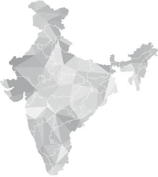 Gray Low Poly India Map with State Borders on White Vector illustration