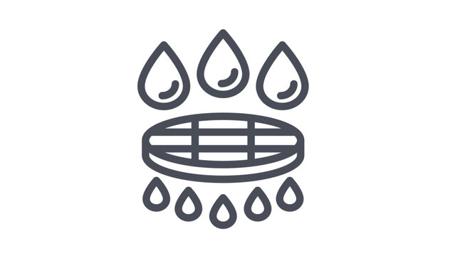 Water filtration and drainage vector icon illustration. Minimalist black line art symbol showing liquid drops passing through a filter grate or sieve. Concept for purification, plumbing, and waste.