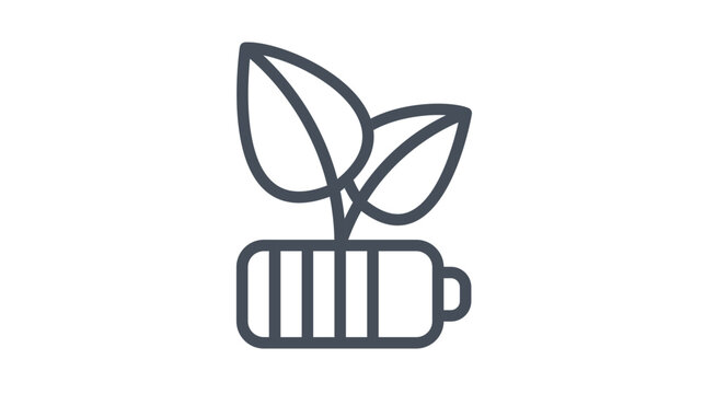 Minimalist black vector icon illustration of a battery with growing leaves, representing eco-friendly renewable energy, sustainable power solutions, and environmental conservation efforts.