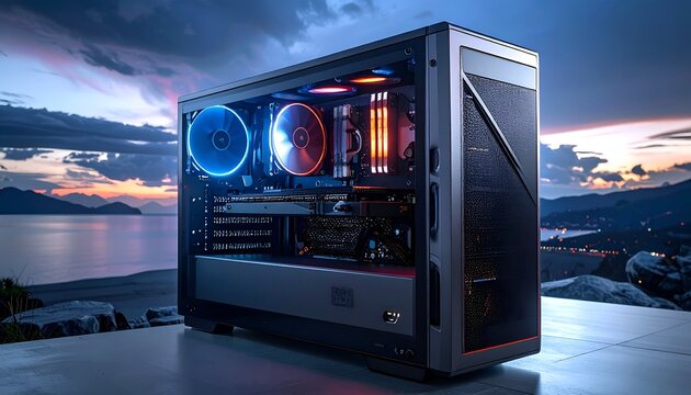High end custom built desktop computer PC monitor setup featuring glowing blue neon lights inside a glass case.