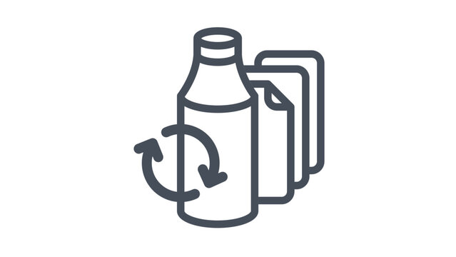 Recycling and waste management vector icon featuring a bottle and paper sheets with a circular arrow symbol, representing sustainable living and environmental protection, minimalist black graphic.