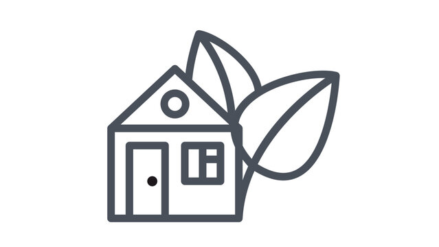 Minimalist black line art vector illustration of an eco-friendly house with two large leaves, symbolizing sustainable living, green architecture, environmental conservation, and nature-friendly home.