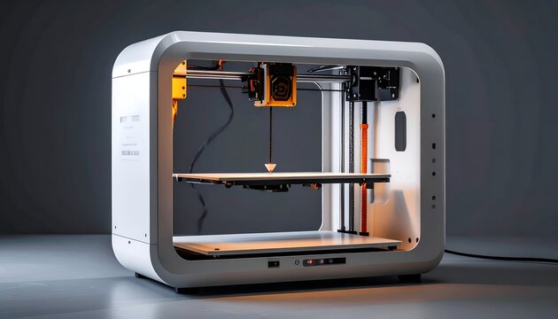 Advanced modern 3D printer machine actively printing a complex object inside a bright room at golden sunset.