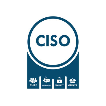 CISO Chief Information Security Officer infographic with icons for leadership, communication, protection, and authority. Professional cyber security management concept for business.