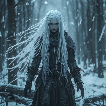 Goddess Marzanna in a frozen forest, Slavic winter deity dark fantasy art