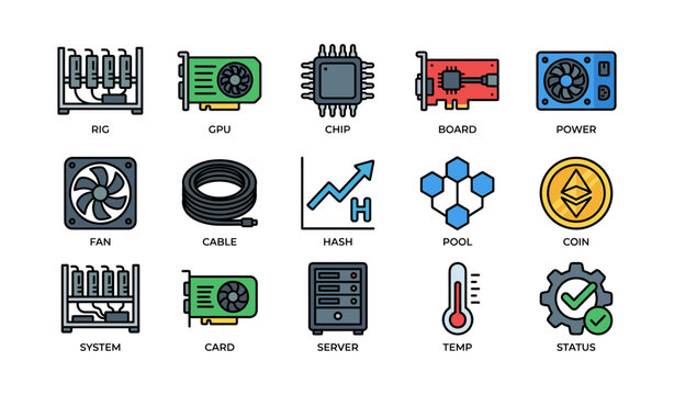Cryptocurrency mining equipment icons: rig, gpu, chip, board, power