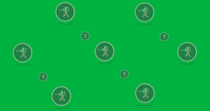 Multiple join the fight text with pink ribbon icon over female boxer icons against black background