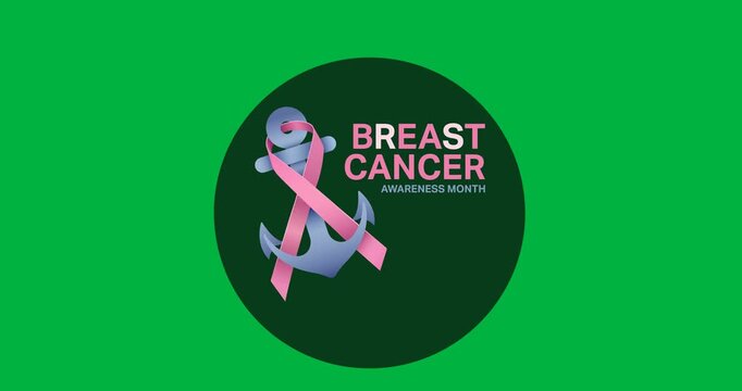 Breast cancer awareness month text with pink ribbon over anchor icon against black background