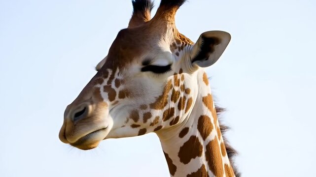 Close up of a giraffe with spotted pattern and long neck against blue sky
