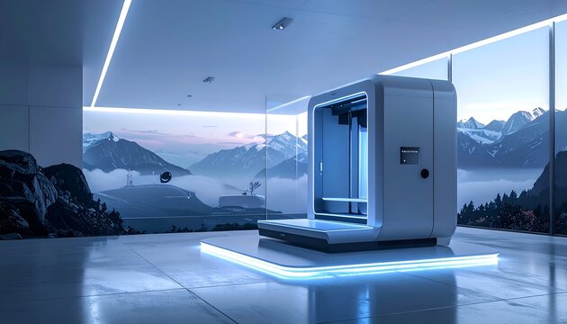 Advanced modern 3D printer machine actively printing a complex object inside a bright room at golden sunset.