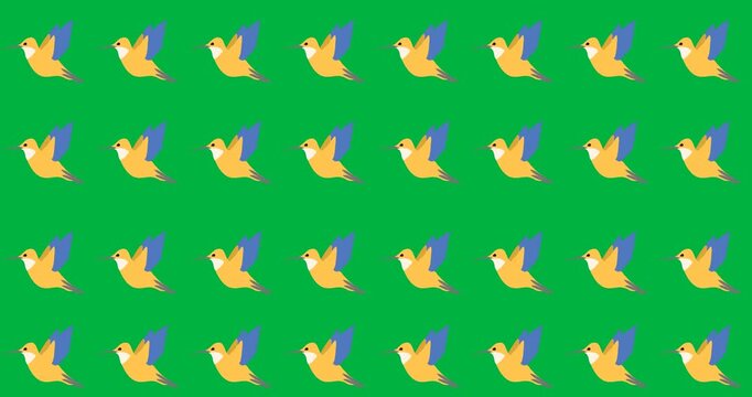 Digital animation of multiple yellow bird icons in seamless pattern against black background
