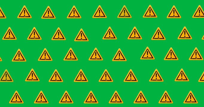 Digital animation of multiple attention sign icons in seamless pattern on black background