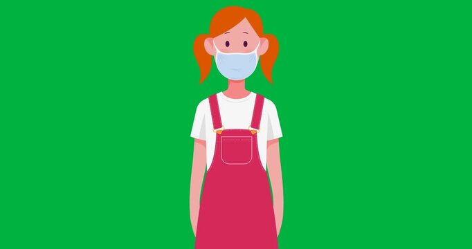 Digital animation of girl wearing a facemask icon against black background