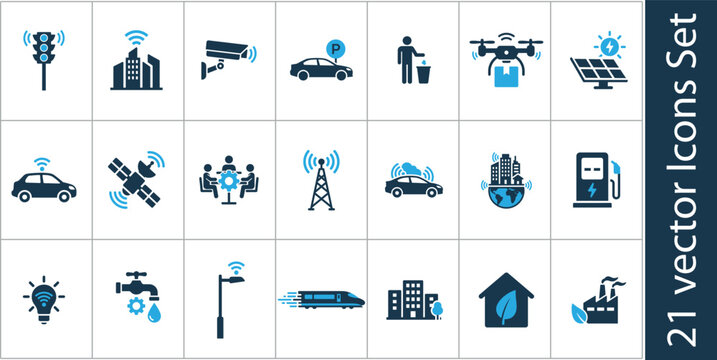 Smart City Infrastructure Vector Icon Set for Urban Technology and Innovation Concepts