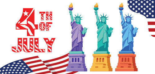 Happy 4th of july text with colorful statues of liberty and american flag banner for patriotic celebrations invitations and festive holiday designs © Nusrat